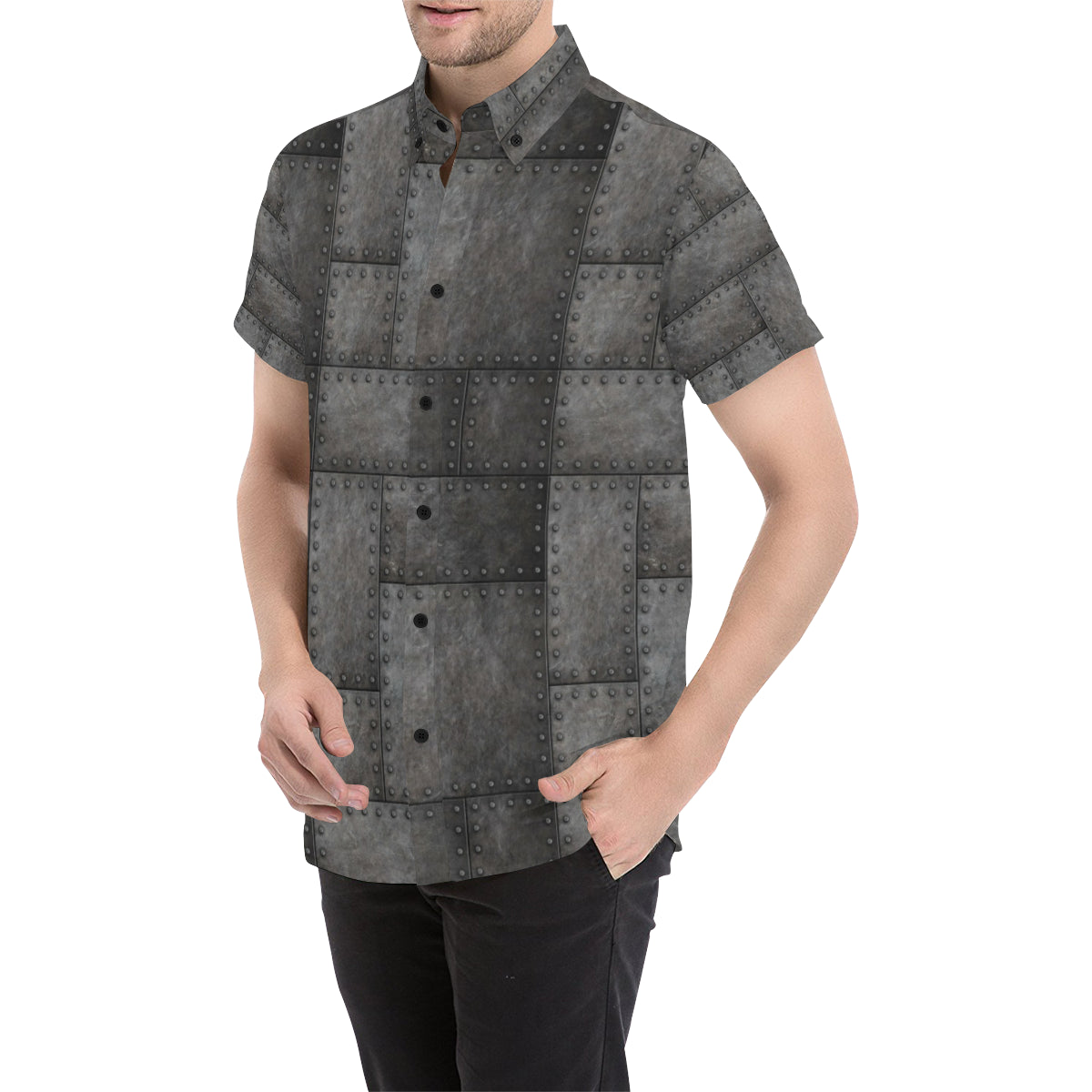 Armor Pattern Print Design 02 Men's Short Sleeve Button Up Shirt