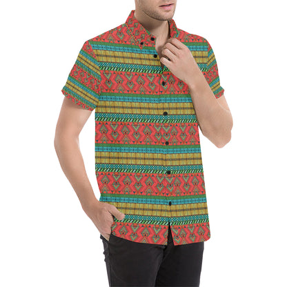 African Colorful Zigzag Print Pattern Men's Short Sleeve Button Up Shirt