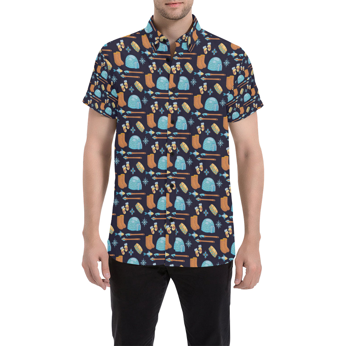Eskimo Pattern Print Design 02 Men's Short Sleeve Button Up Shirt