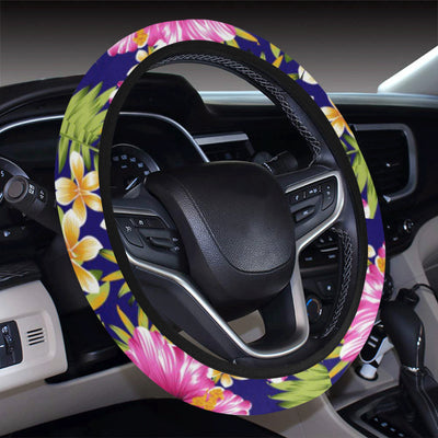 Pink Hibiscus Pattern Print Design HB027 Steering Wheel Cover with Elastic Edge