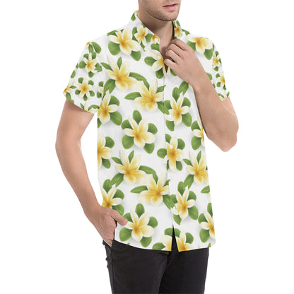 Yellow Plumeria Pattern Print Design PM012 Men's Short Sleeve Button Up Shirt