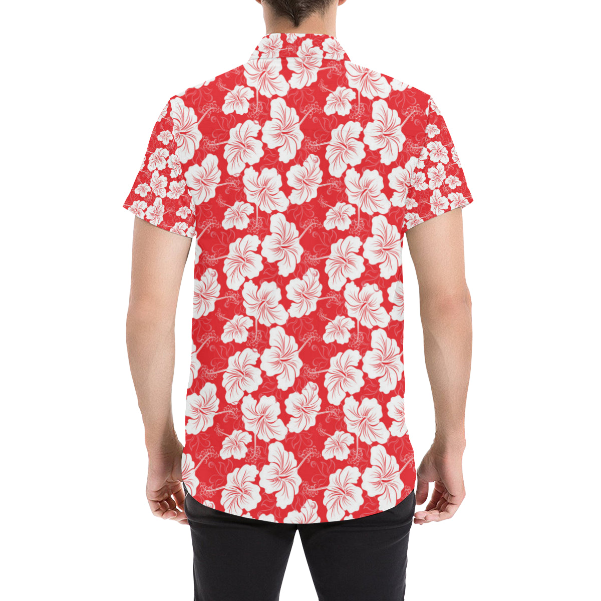 Flower Hawaiian Hibiscus Red Background Print Men's Short Sleeve Button Up Shirt
