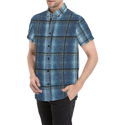 Jean Patchwork Pattern Print Design 02 Men's Short Sleeve Button Up Shirt