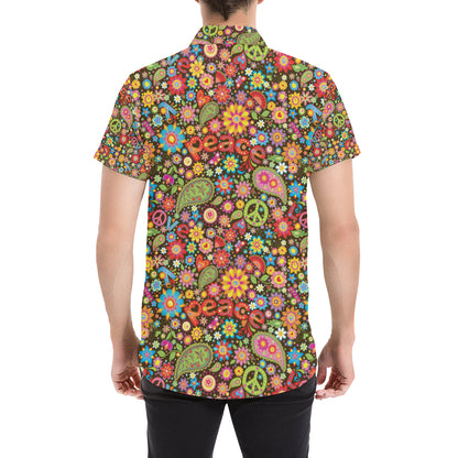 Flower Power Peace Paisley Themed Print Men's Short Sleeve Button Up Shirt