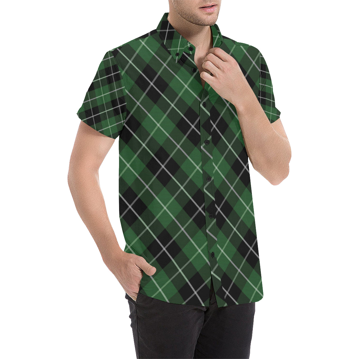 Plaid Green Pattern Print Design A05 Men's Short Sleeve Button Up Shirt