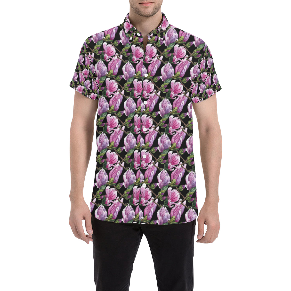 Magnolia Pattern Print Design MAG011 Men's Short Sleeve Button Up Shirt