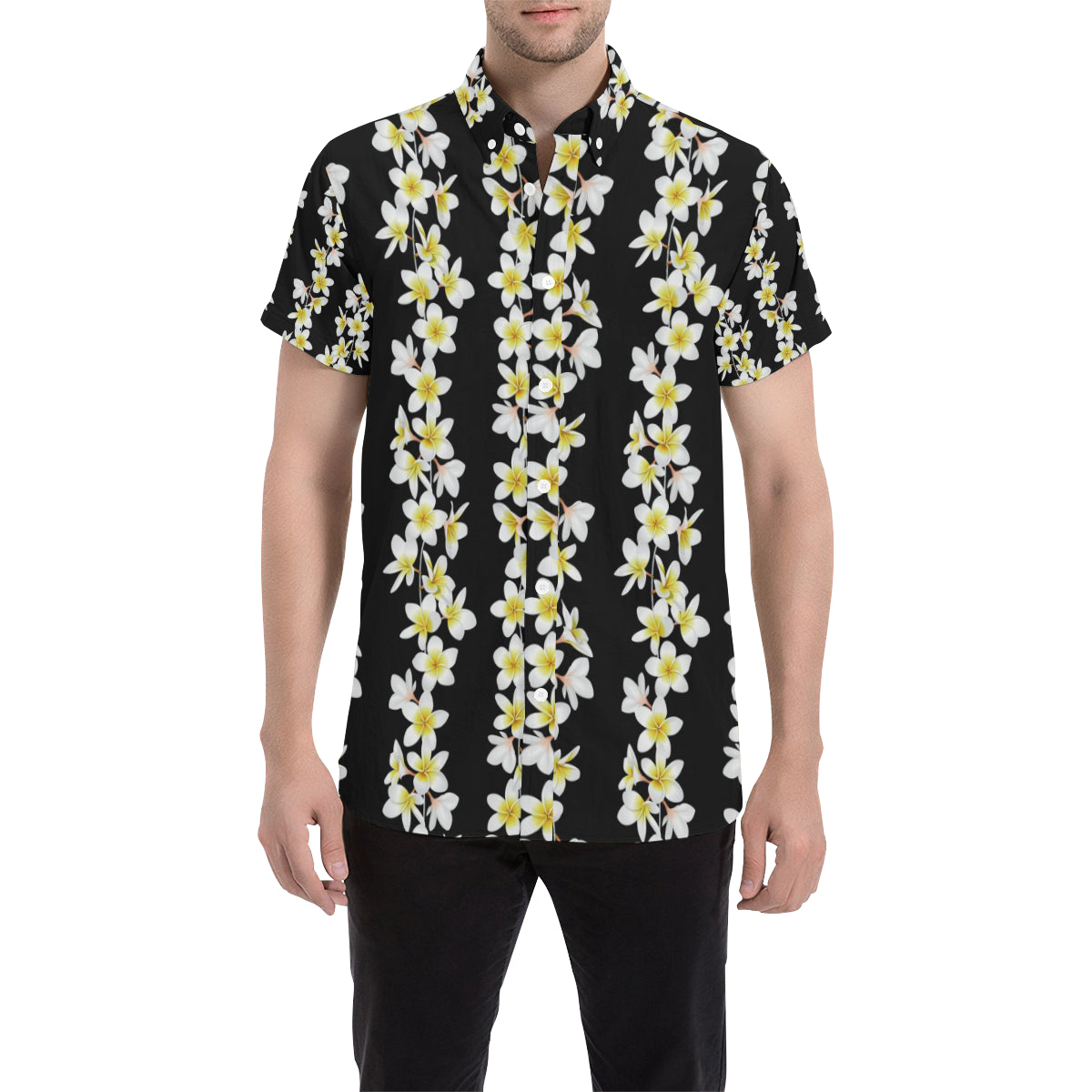 White Plumeria Pattern Print Design PM08 Men's Short Sleeve Button Up Shirt