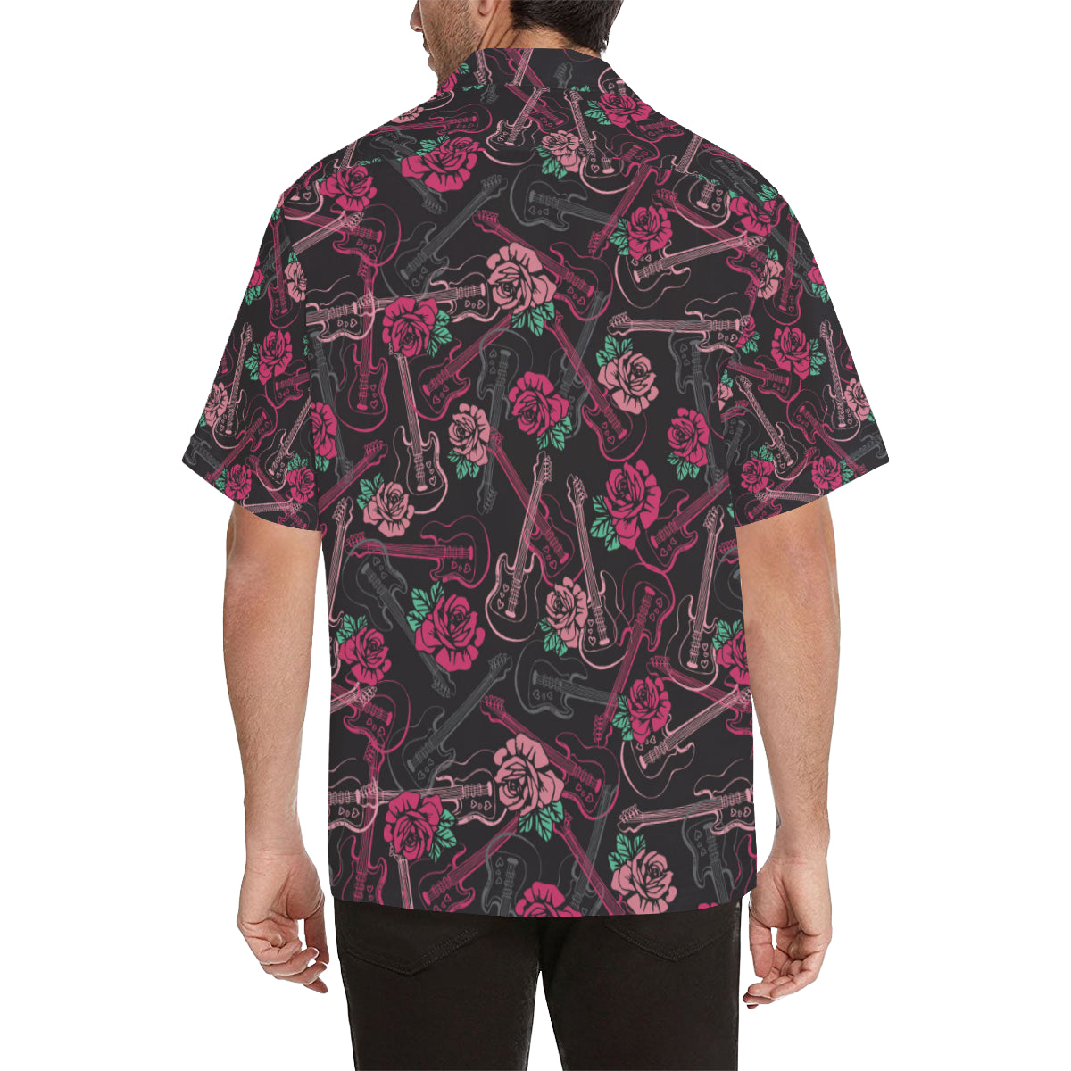 Bass Guitar Pink Rose Pattern Print Design 01 Men's Hawaiian Shirt
