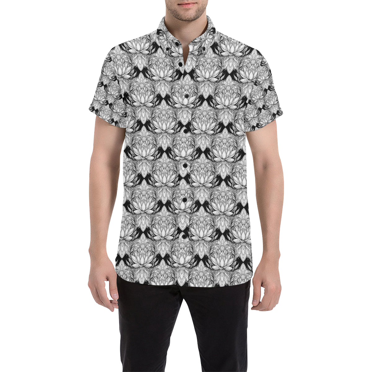 Lotus Mandala Print Pattern Men's Short Sleeve Button Up Shirt