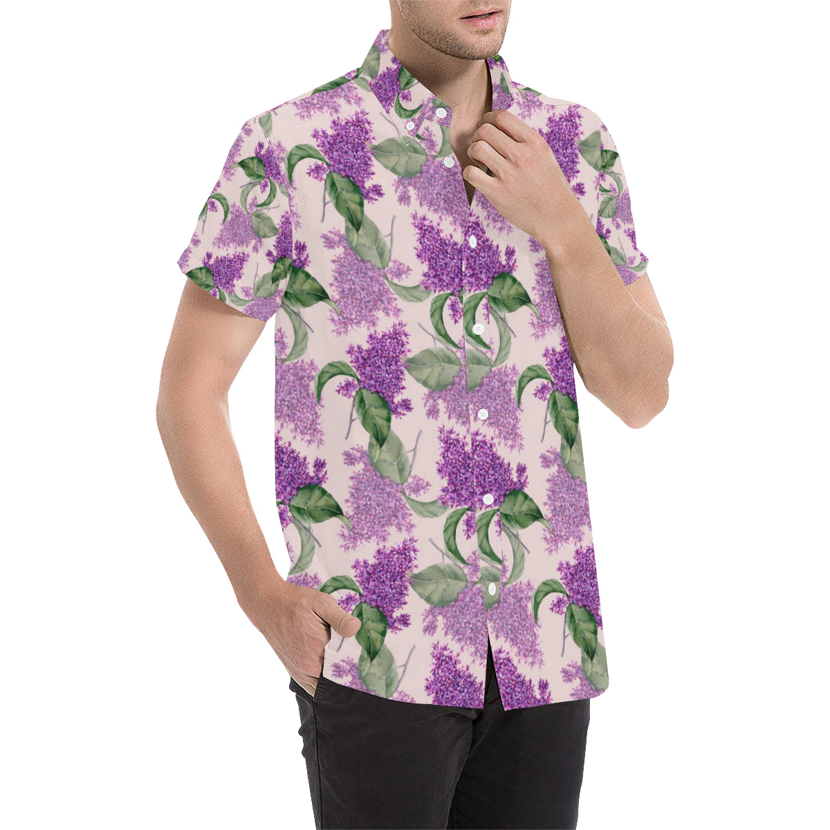 Lilac Pattern Print Design LI02 Men's Short Sleeve Button Up Shirt