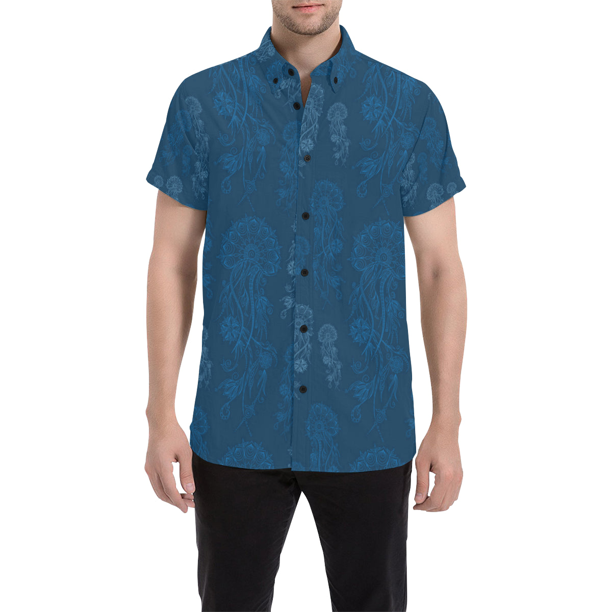Jellyfish Pattern Print Design 01 Men's Short Sleeve Button Up Shirt