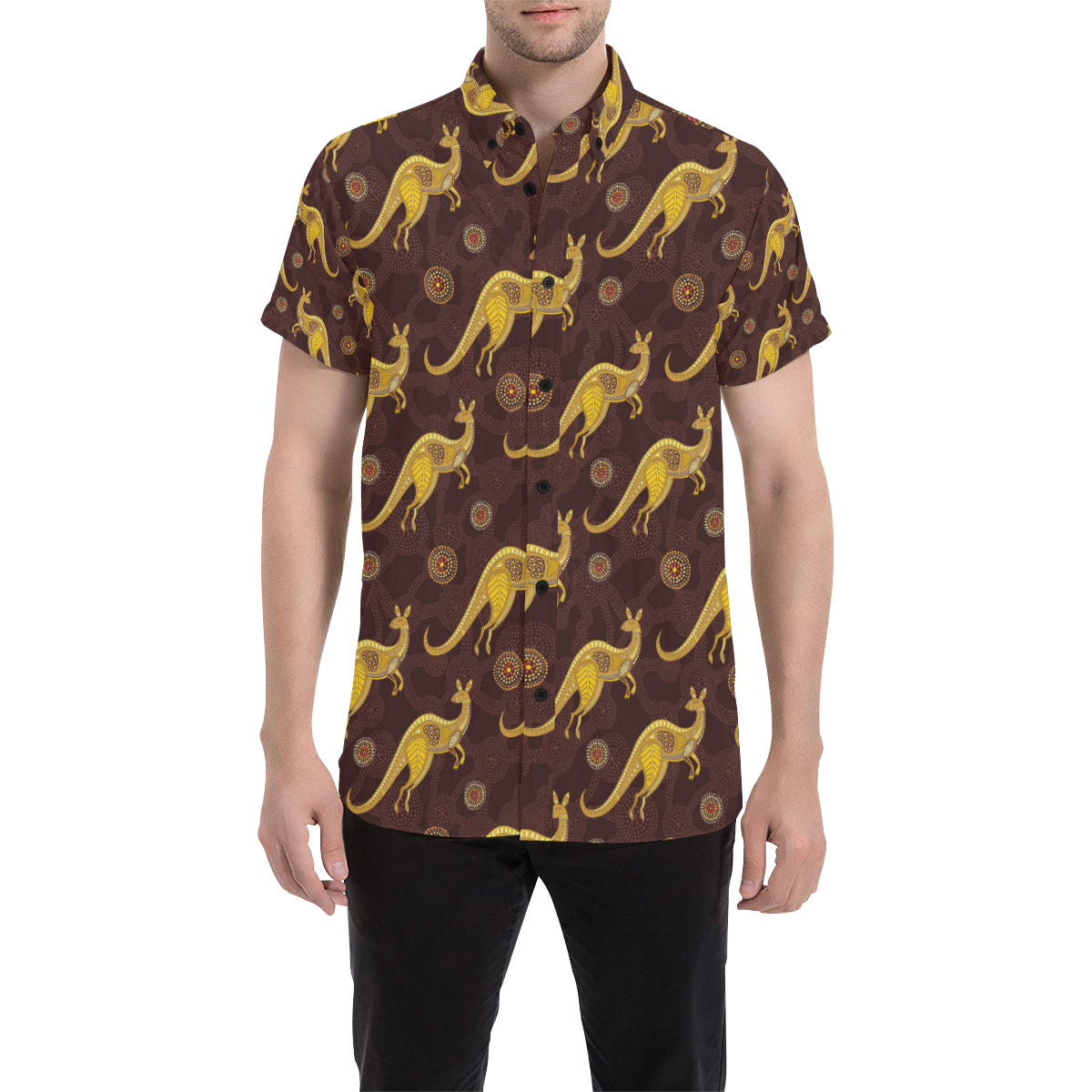 Kangaroos Aboriginal Pattern Print Design 08 Men's Short Sleeve Button Up Shirt