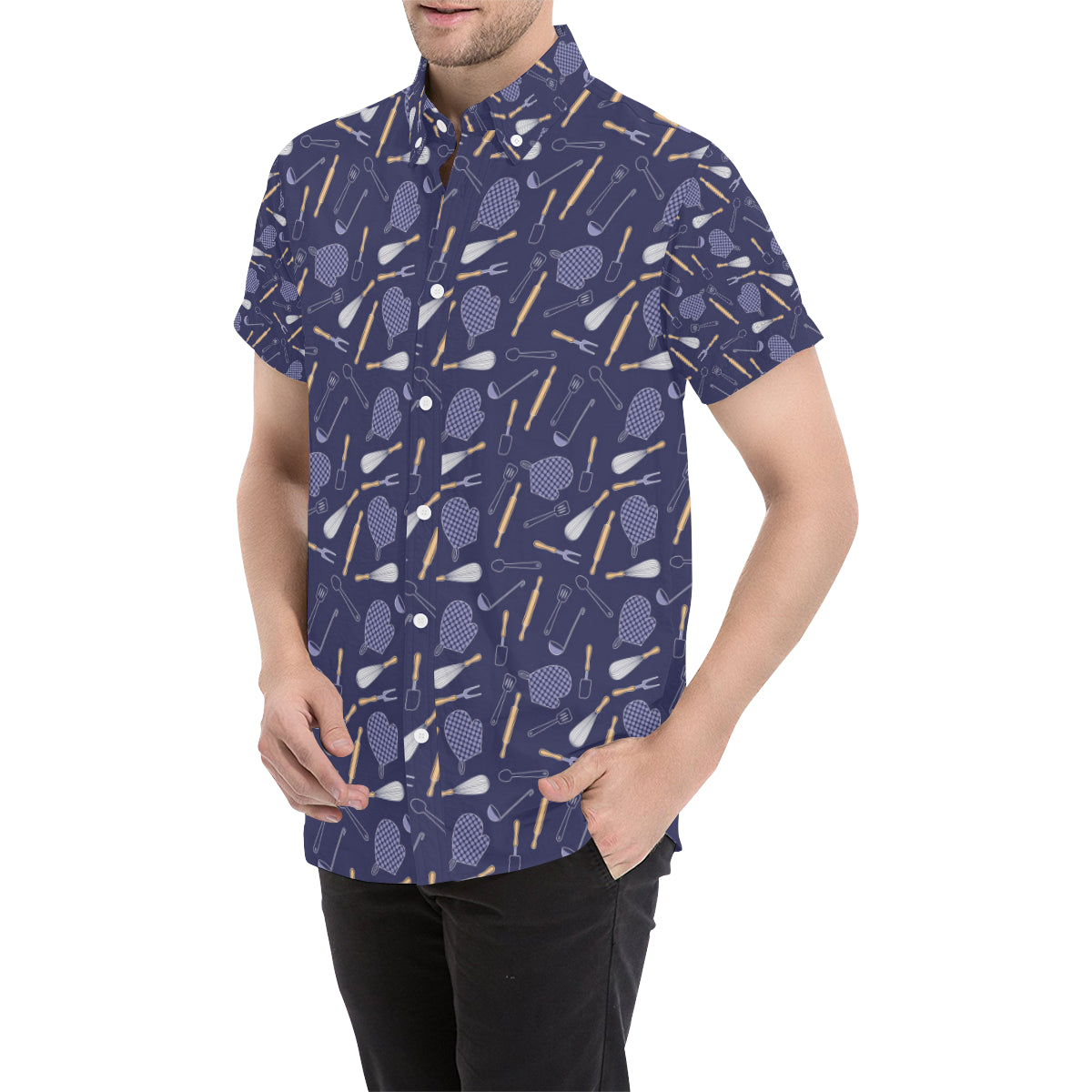 Cooking Kitchen Tools Pattern Print Design 04 Men's Short Sleeve Button Up Shirt