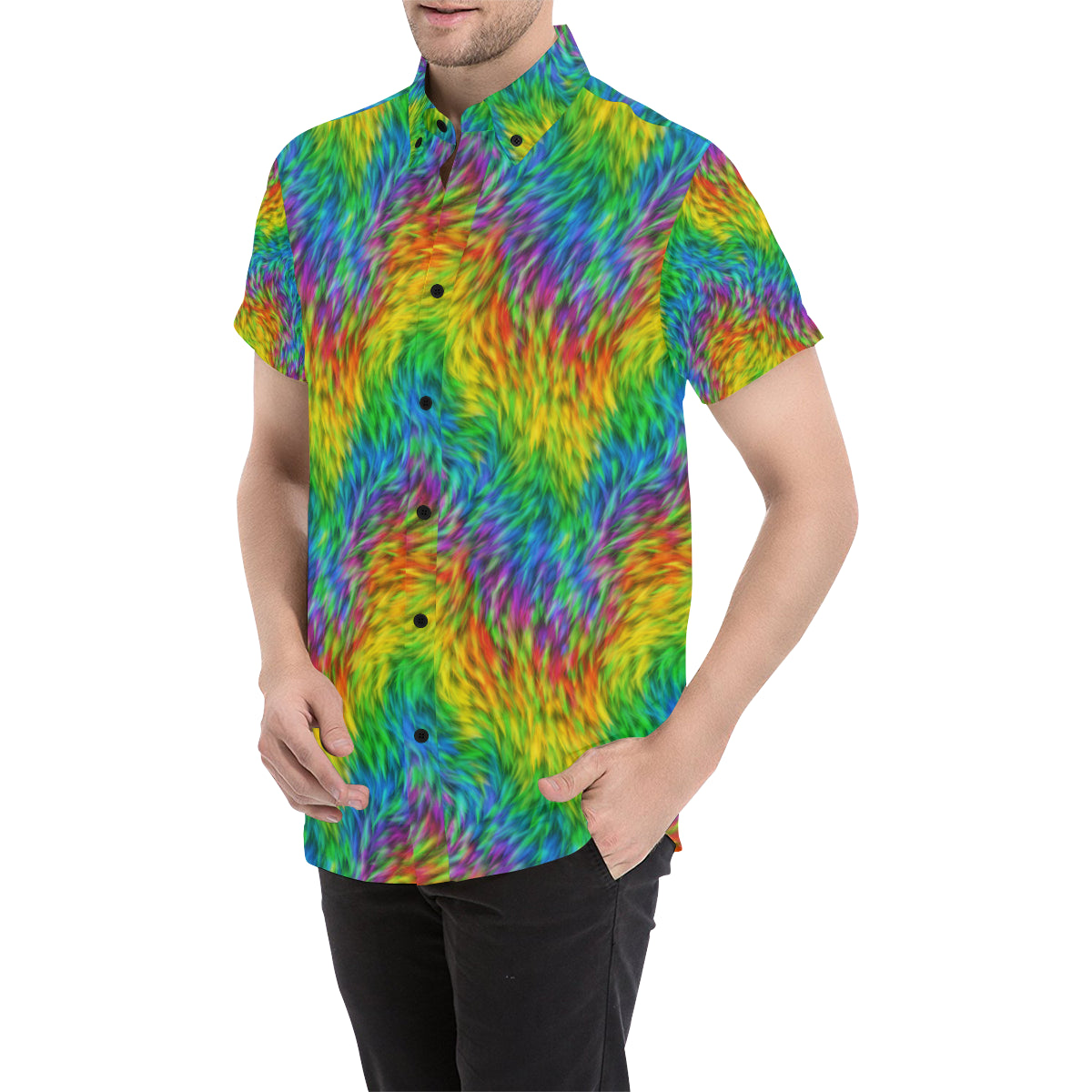 Rainbow Fur Design Print Men's Short Sleeve Button Up Shirt
