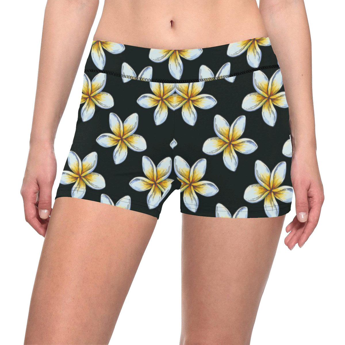 White Plumeria Pattern Print Design PM022 Yoga Shorts