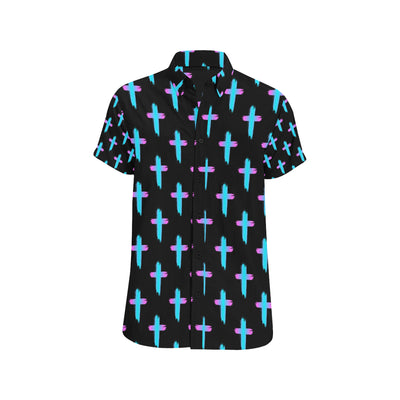 Christian Cross neon Pattern Men's Short Sleeve Button Up Shirt