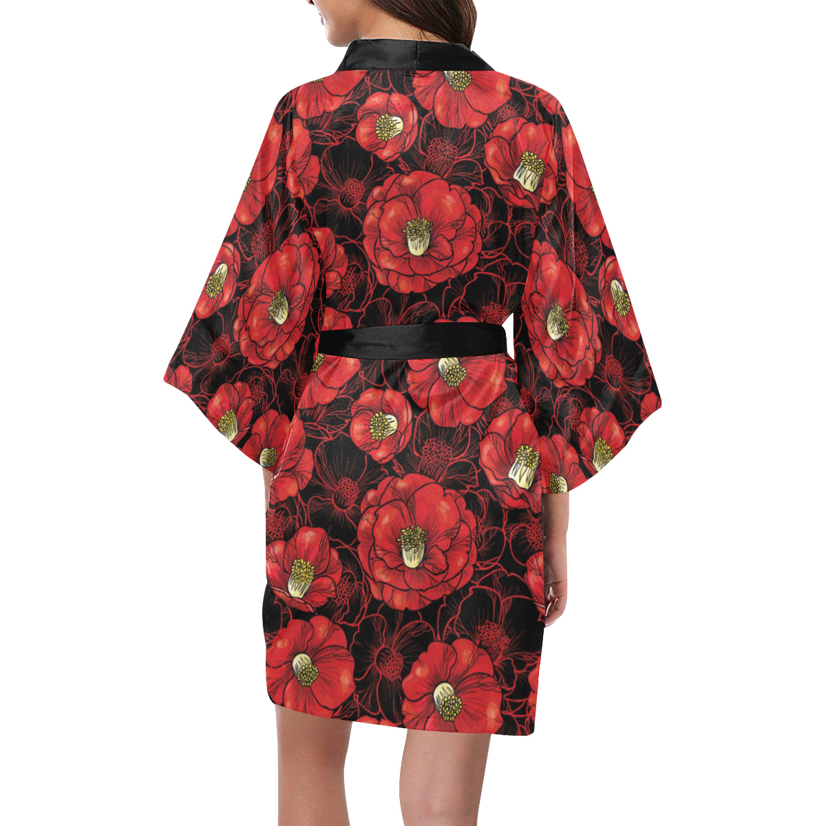 Camellia Pattern Print Design CM06 Women's Short Kimono