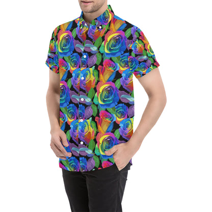 Rose Pattern Print Design RO02 Men's Short Sleeve Button Up Shirt