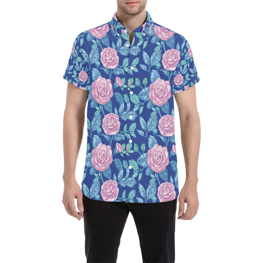 Camellia Pattern Print Design CM05 Men's Short Sleeve Button Up Shirt