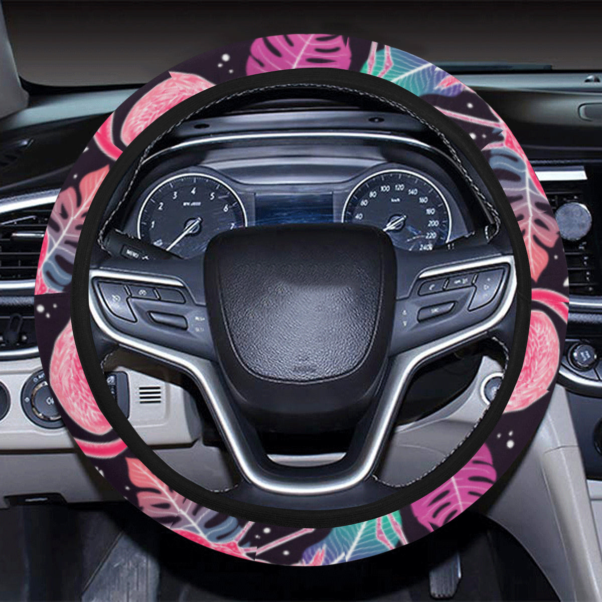 Flamingo Tropical leaves Neon Print Steering Wheel Cover with Elastic Edge