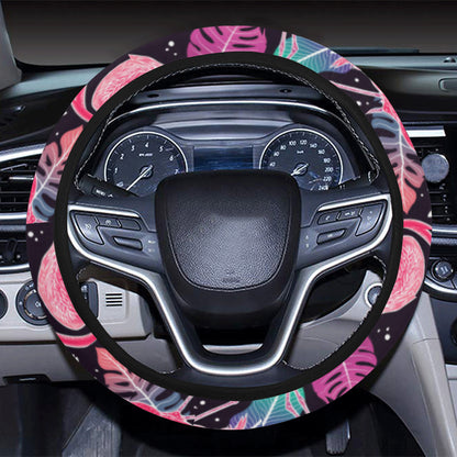 Flamingo Tropical leaves Neon Print Steering Wheel Cover with Elastic Edge