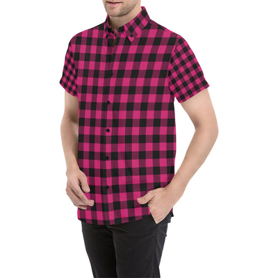 Pink Tartan Plaid Pattern Men's Short Sleeve Button Up Shirt