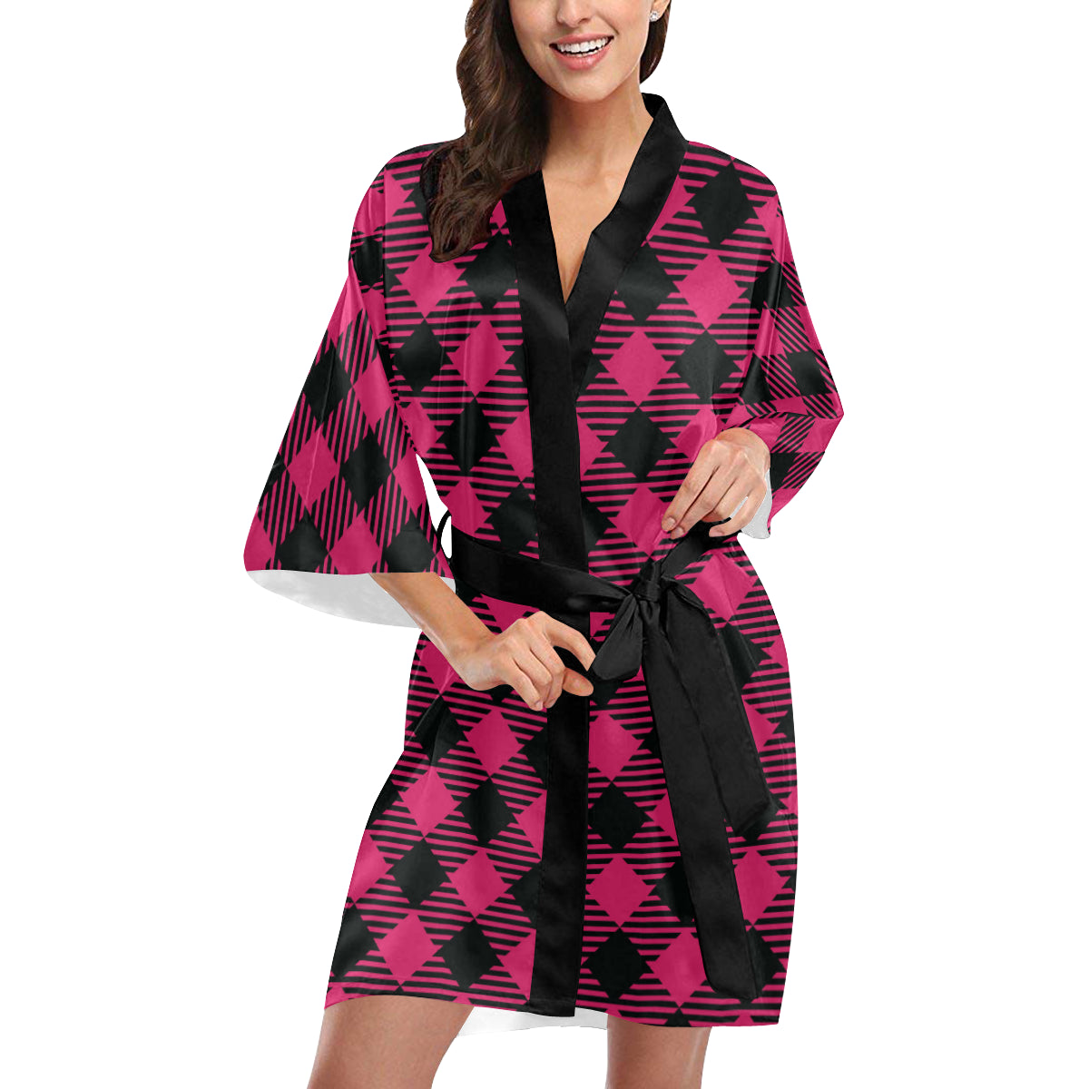 Buffalo check Pink Pattern Print Design 01 Women's Short Kimono