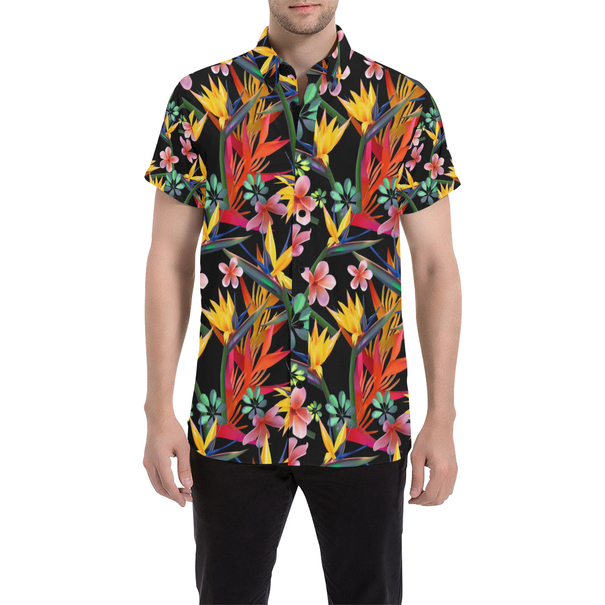 Tropical Flower Pattern Print Design TF015 Men's Short Sleeve Button Up Shirt
