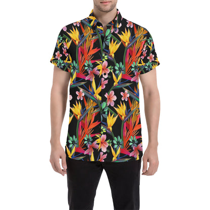 Tropical Flower Pattern Print Design TF015 Men's Short Sleeve Button Up Shirt