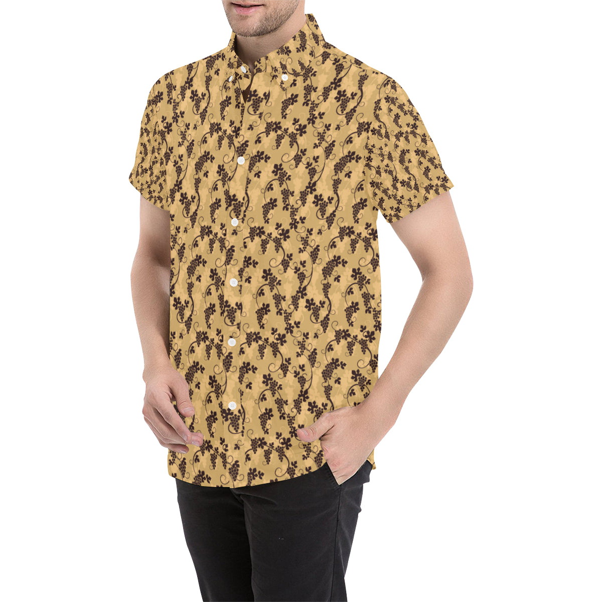Wine Grape Design Print Men's Short Sleeve Button Up Shirt