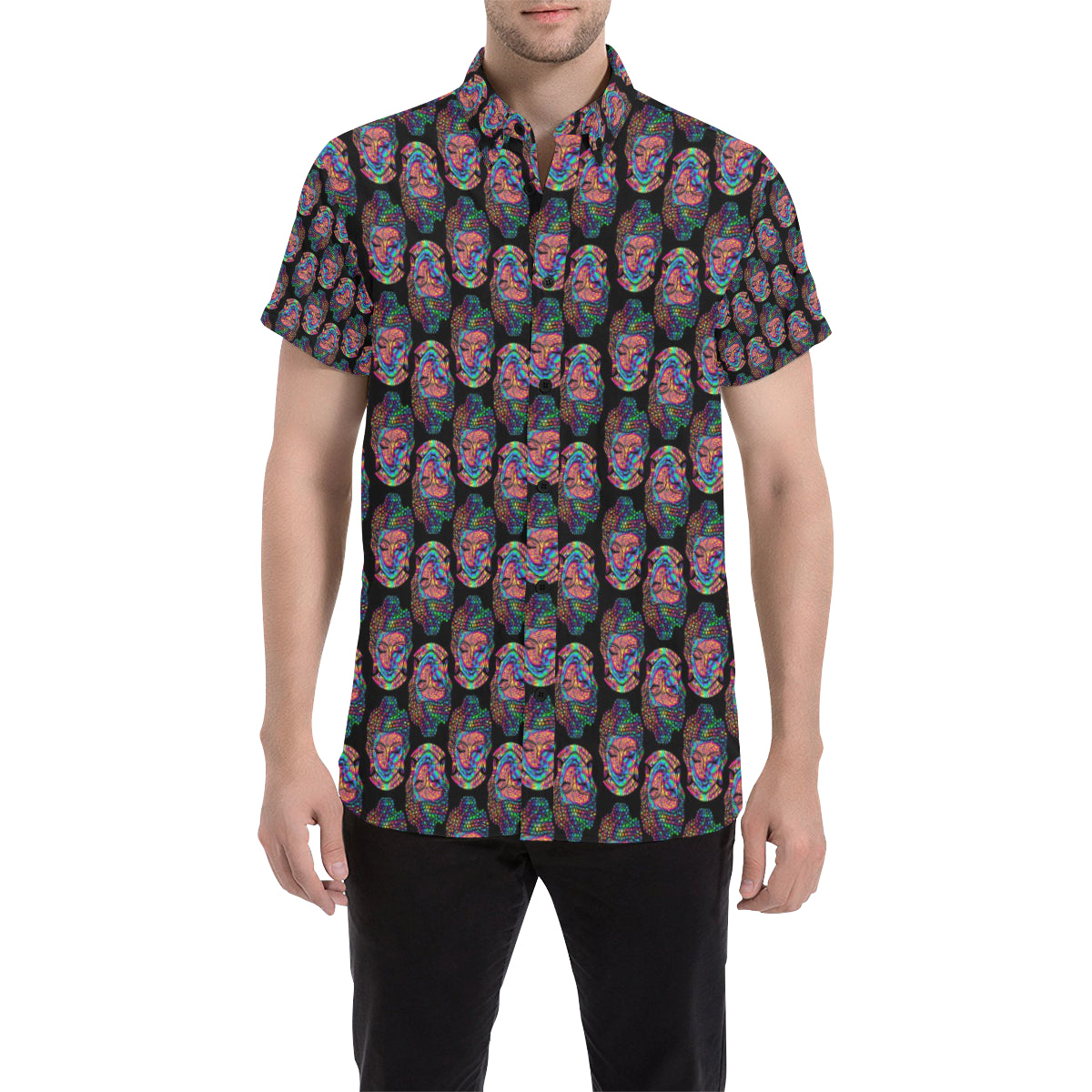 Buddha Head Colorful Print Men's Short Sleeve Button Up Shirt