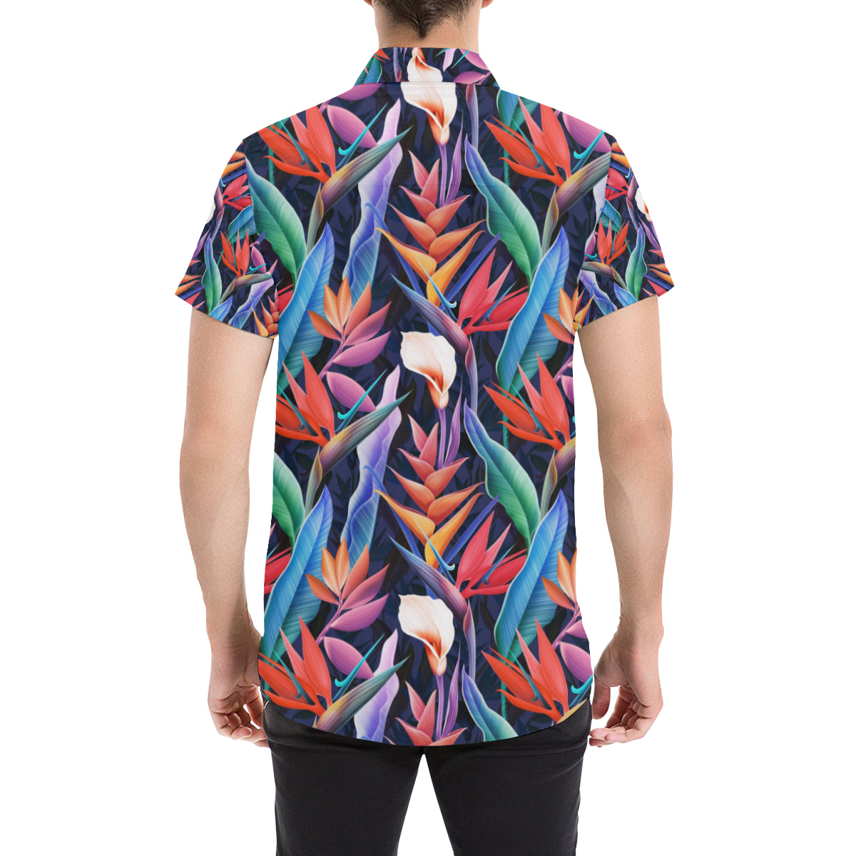 Tropical Flower Pattern Print Design TF023 Men's Short Sleeve Button Up Shirt
