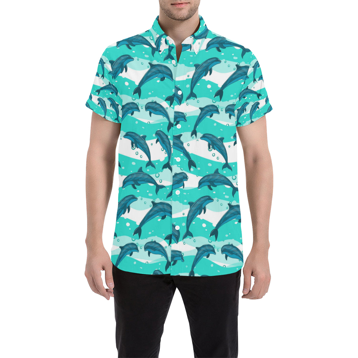 Dolphin Design Print Pattern Men's Short Sleeve Button Up Shirt