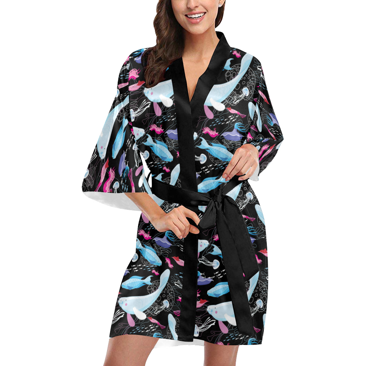 Manatee Pattern Print Design 02 Women's Short Kimono