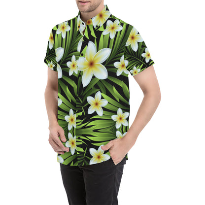 White Plumeria Pattern Print Design PM06 Men's Short Sleeve Button Up Shirt