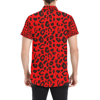 Leopard Red Skin Print Men's Short Sleeve Button Up Shirt