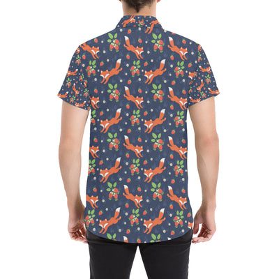 Fox Strawberry Print Pattern Men's Short Sleeve Button Up Shirt