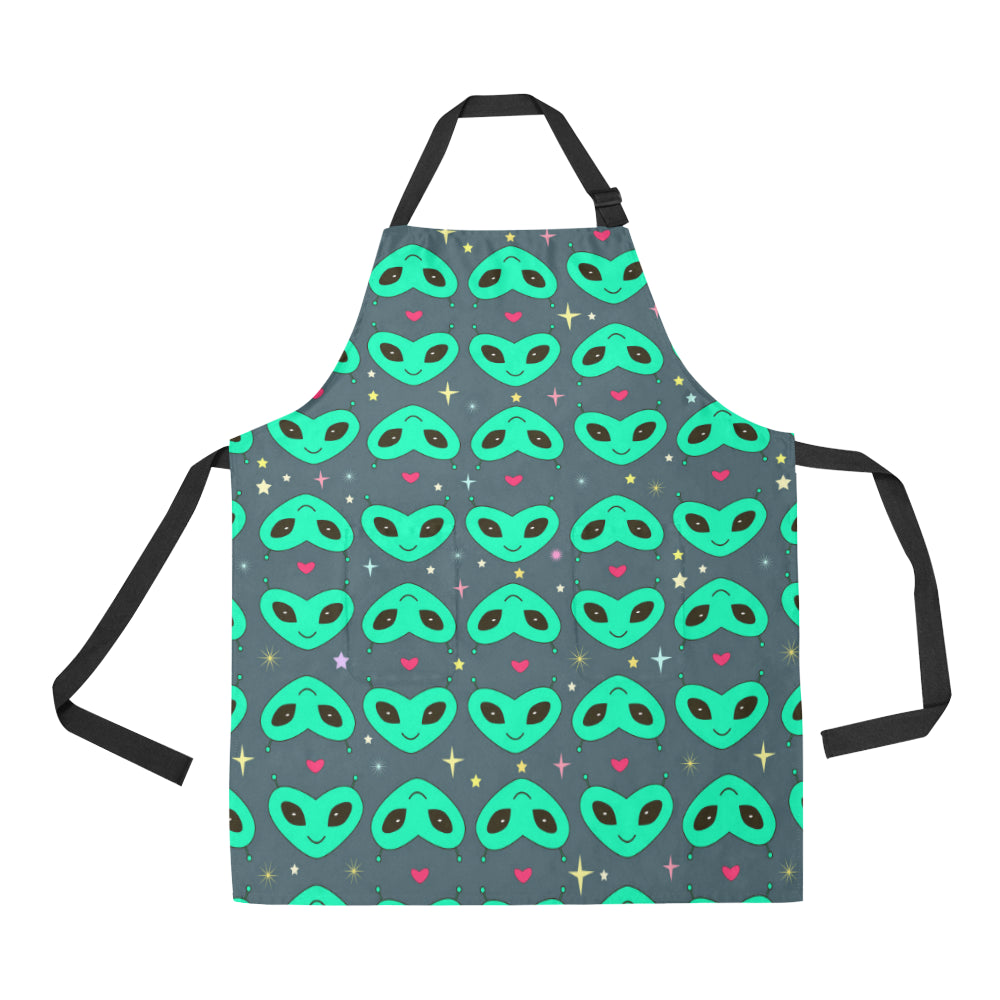 Alien Head Heart Pattern Print Design 03 Apron with Pocket