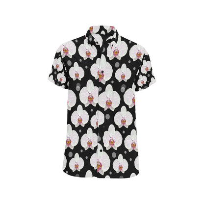 Orchid White Pattern Print Design OR09 Men's Short Sleeve Button Up Shirt
