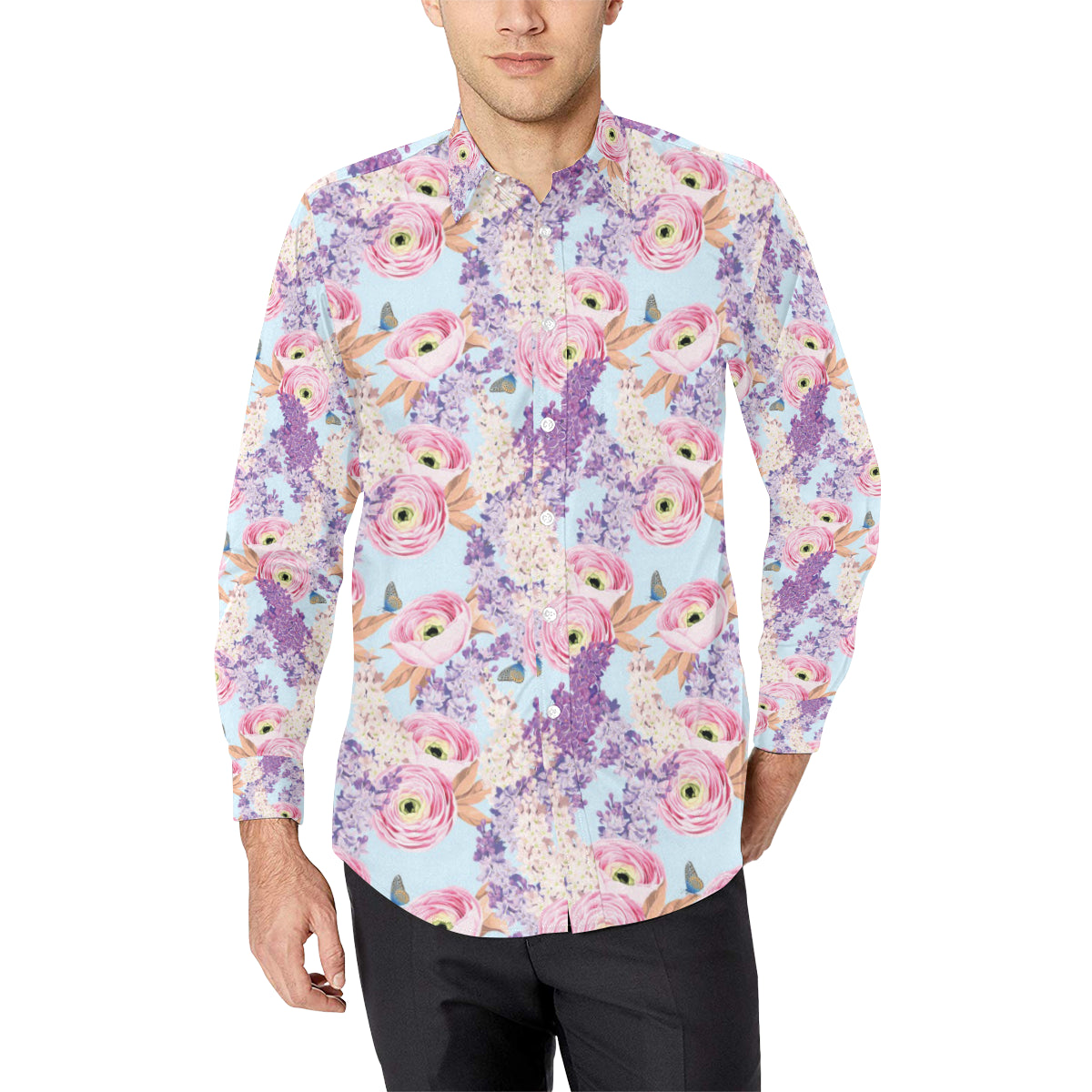 Lilac Pattern Print Design LI03 Men's Long Sleeve Shirt