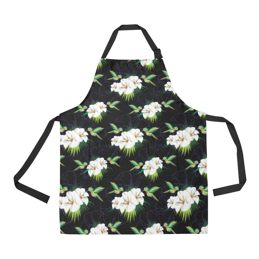 Hummingbird with Flower Pattern Print Design 03 Apron with Pocket