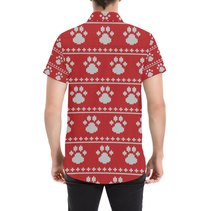 Knit Paw Pattern Print Design 03 Men's Short Sleeve Button Up Shirt