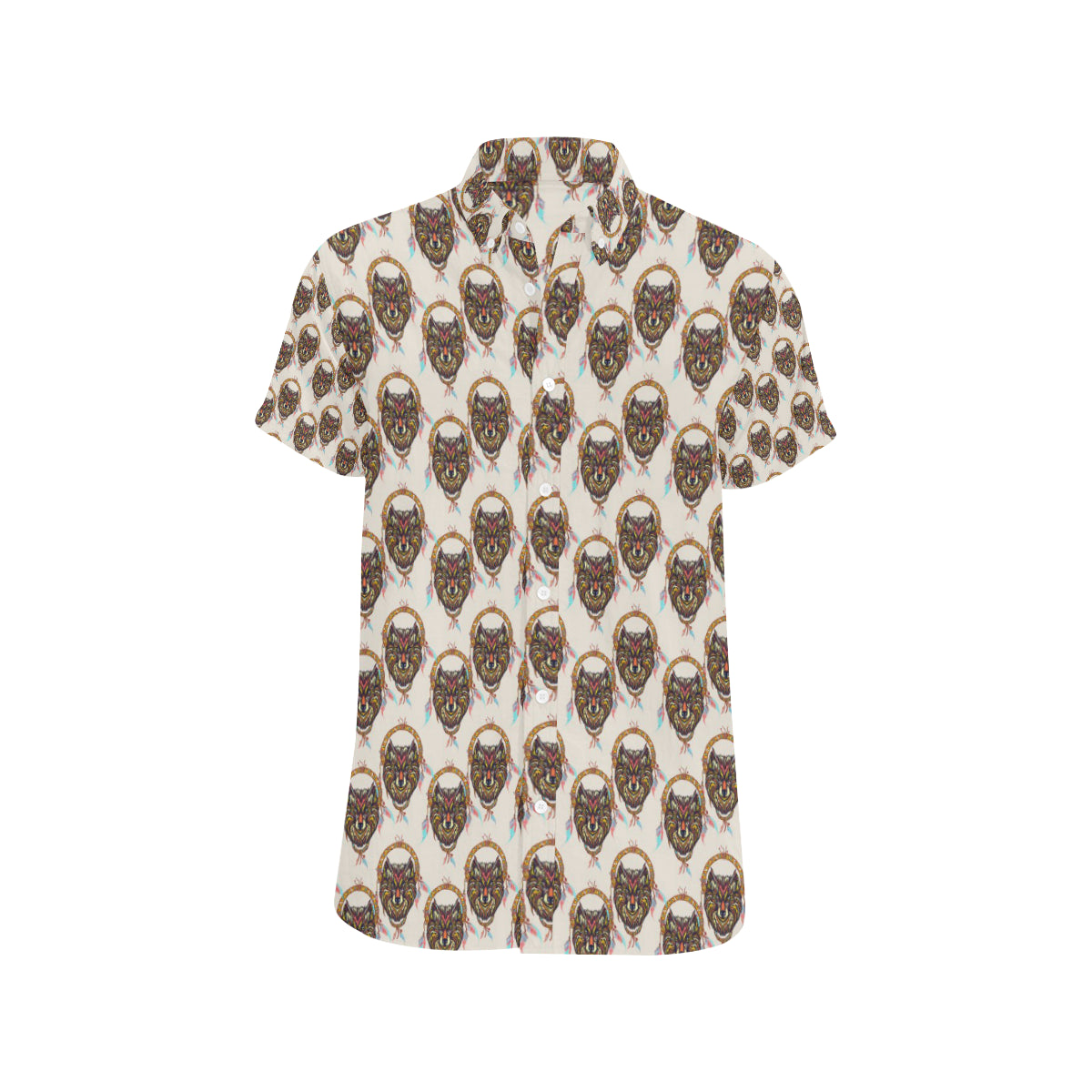 Wolf Tribal Dream Catcher Design Print Men's Short Sleeve Button Up Shirt
