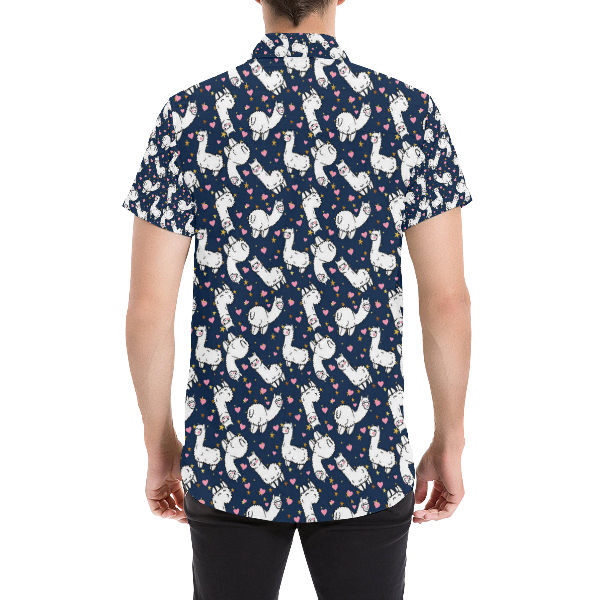 Alpaca Heart Star Design Themed Print Men's Short Sleeve Button Up Shirt