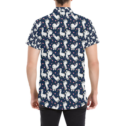 Alpaca Heart Star Design Themed Print Men's Short Sleeve Button Up Shirt