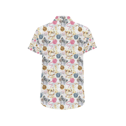Cat Playing Yarn Pattern Print Design 07 Men's Short Sleeve Button Up Shirt