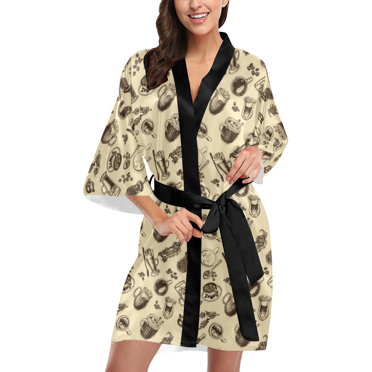 Coffee Pattern Print Design 05 Women's Short Kimono