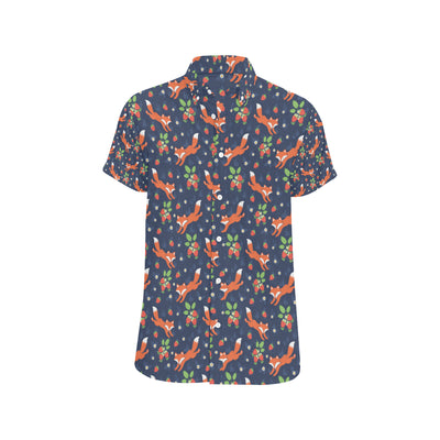 Fox Strawberry Print Pattern Men's Short Sleeve Button Up Shirt