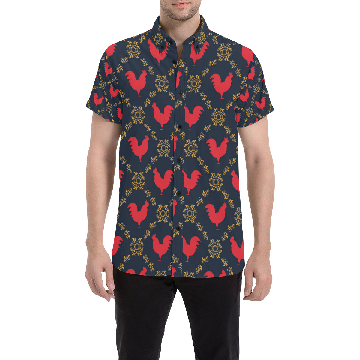 Rooster Pattern Print Design A02 Men's Short Sleeve Button Up Shirt