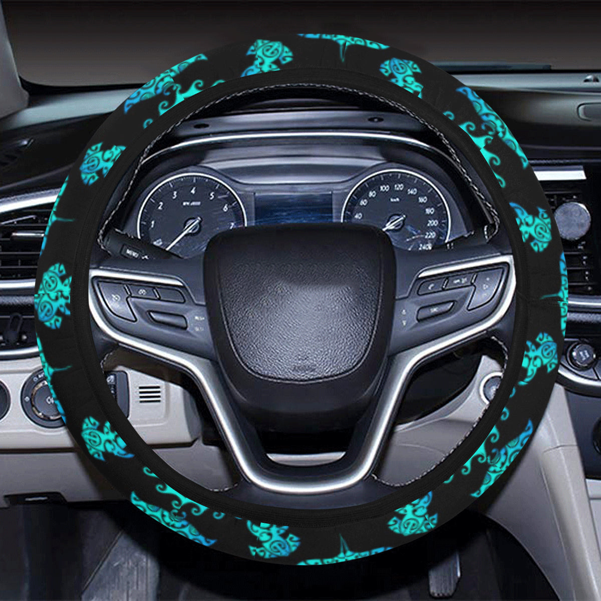 turquoise Tribal Sea Turtle Hawaiian Steering Wheel Cover with Elastic Edge